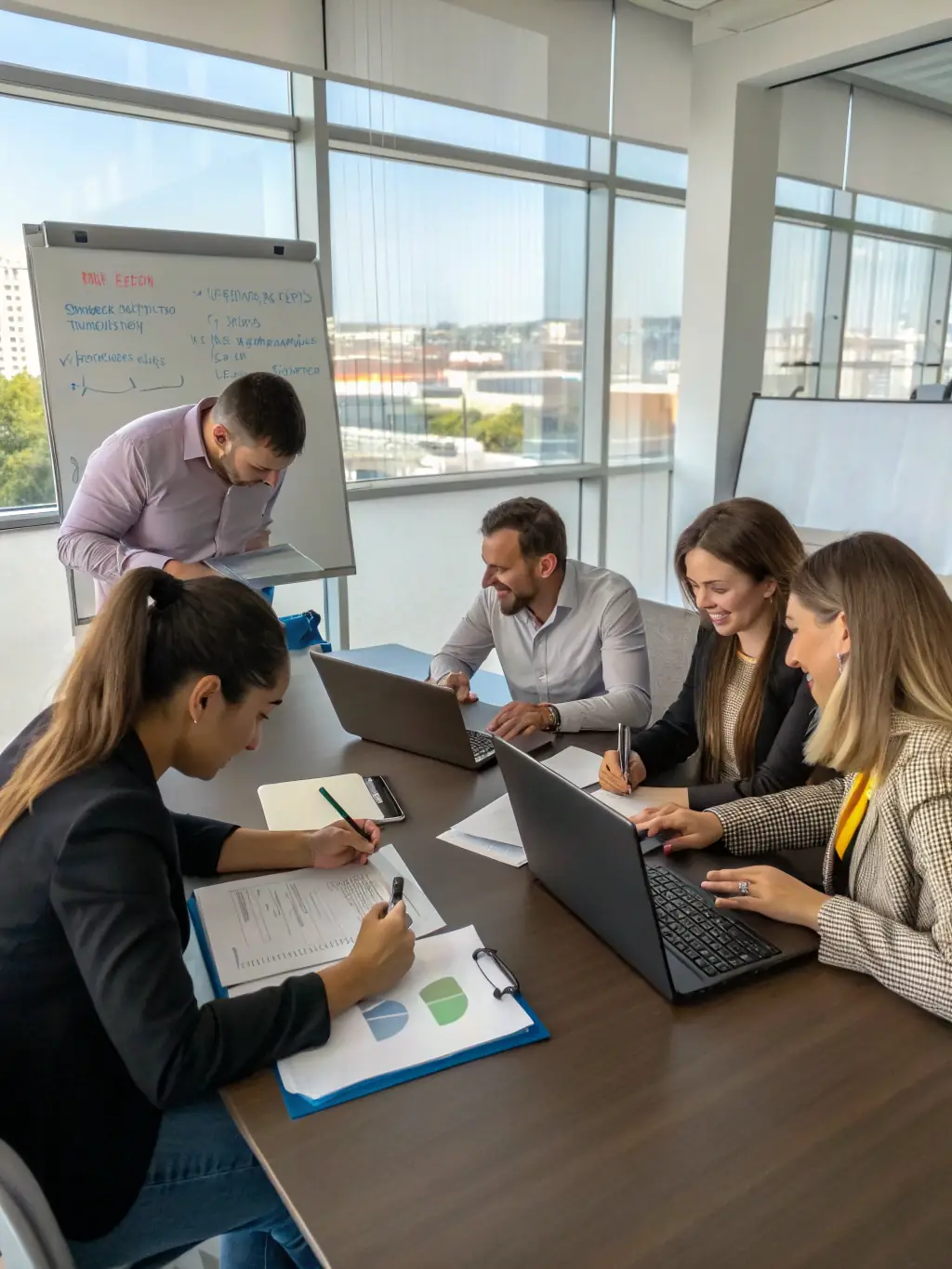 A candid shot of conference attendees actively participating in a workshop session, collaborating on a case study related to negotiation tactics.