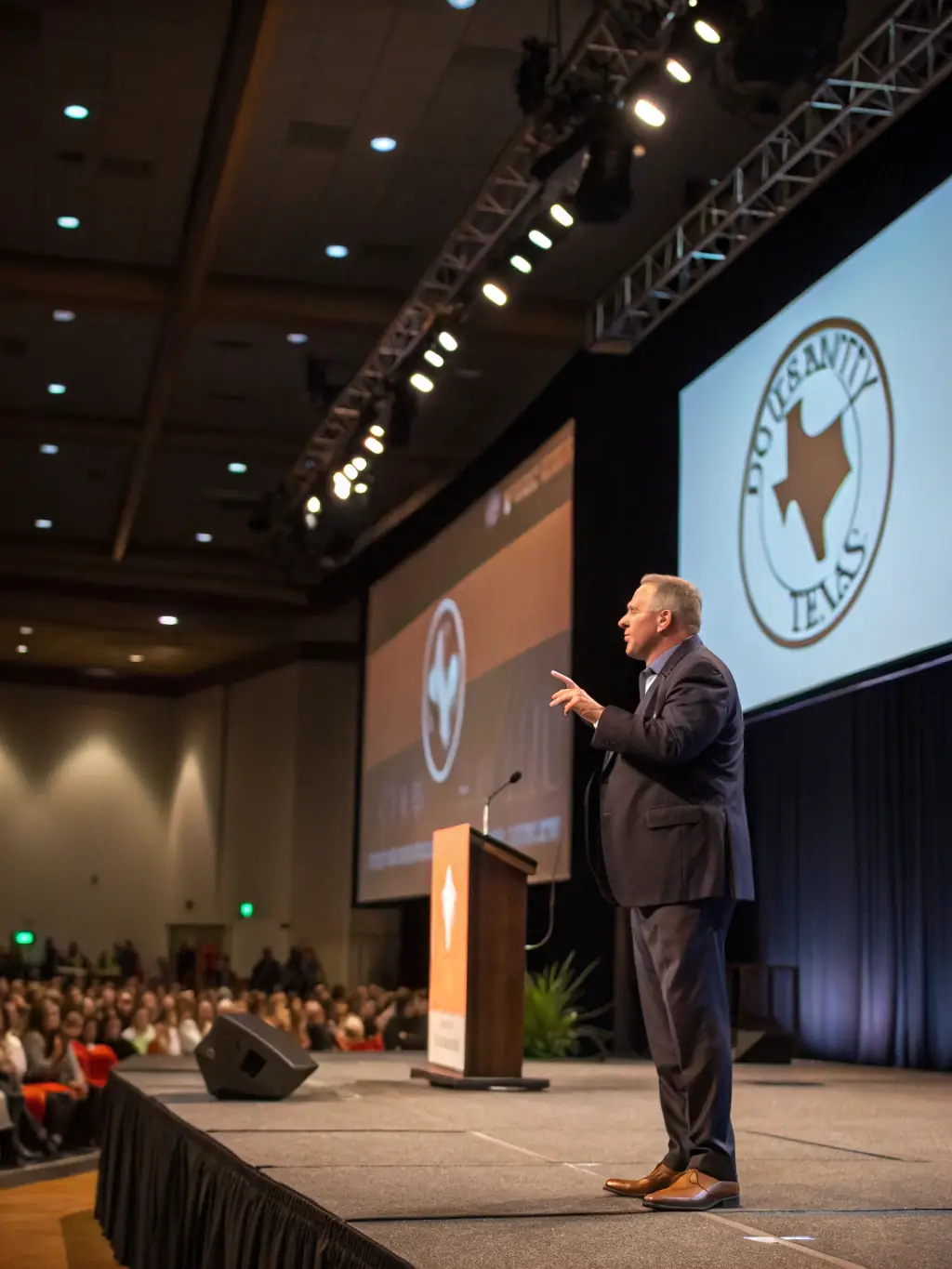 A photograph of a keynote speaker delivering a presentation on stage at a business conference, with a focus on audience engagement and the speaker's expertise.