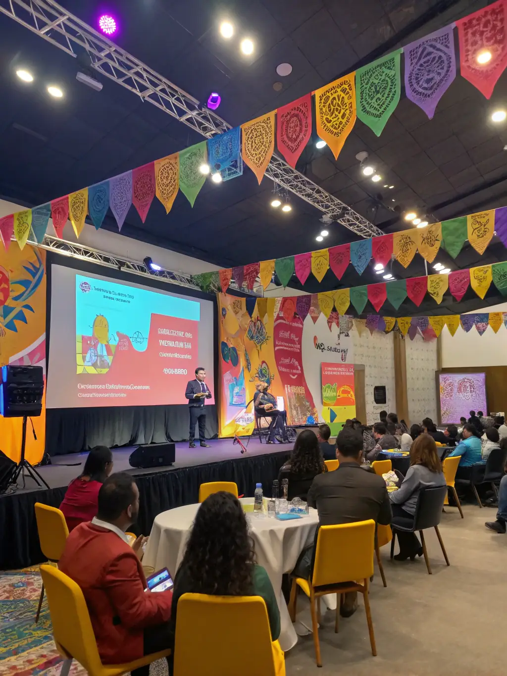 A professional photograph of a conference in Birmingham, featuring a speaker presenting data on a large screen, with attendees taking notes and engaging with the presentation.