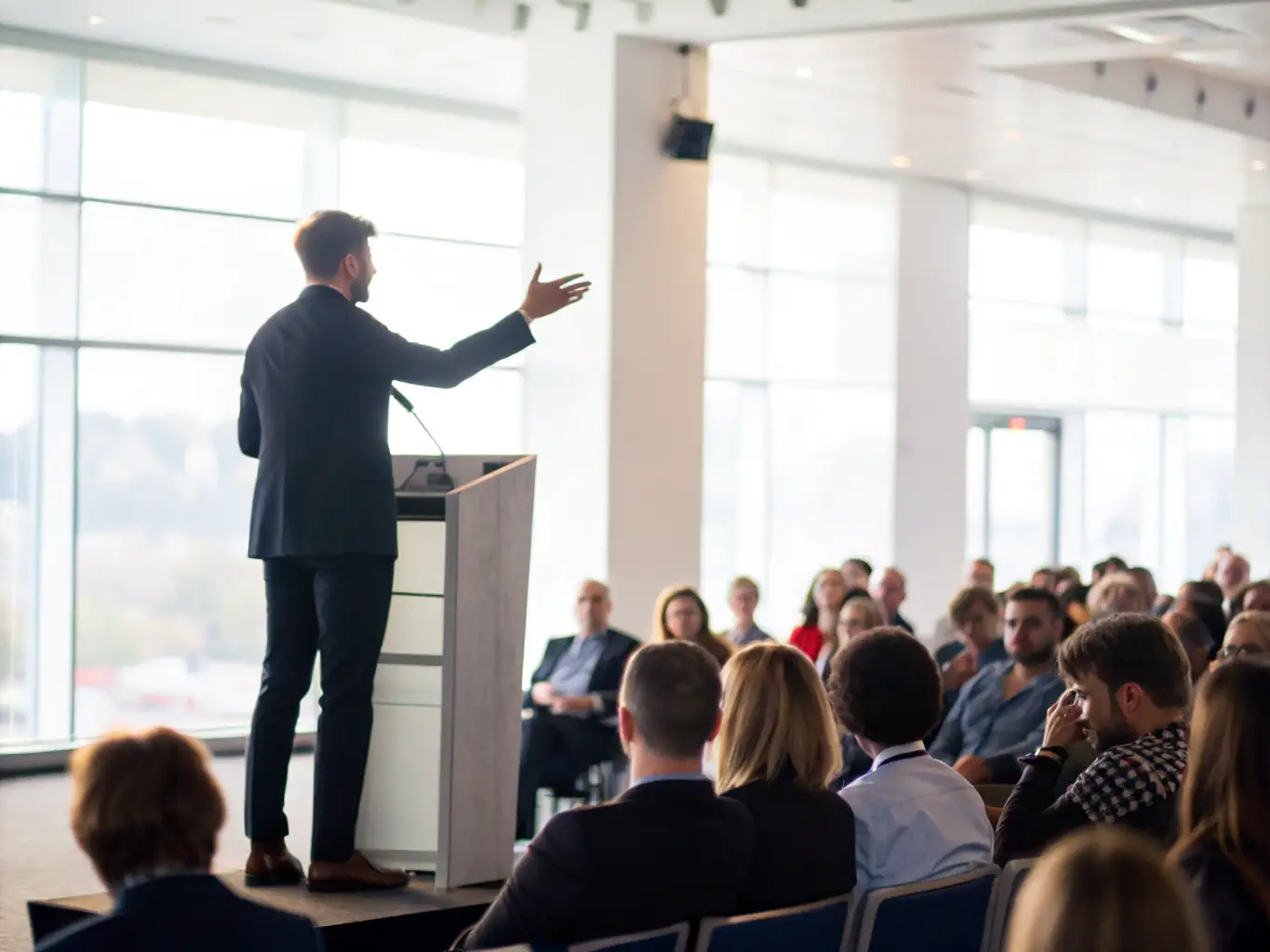 A photograph of a keynote speaker addressing a large audience at a business conference, emphasizing engagement and thought leadership.