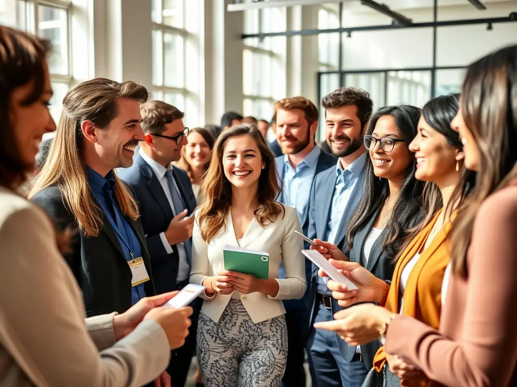A diverse group of professionals engaging in a lively networking session at a negotiationway.fun conference, set against a modern, well-lit venue backdrop.