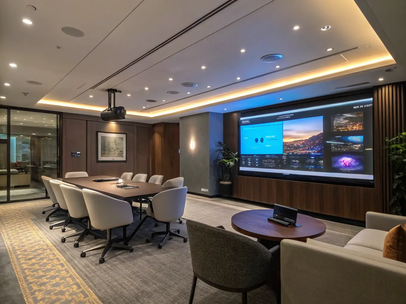 A photograph of a conference room setup, ready for a negotiation workshop, with tables arranged for group discussions and presentation screens visible.