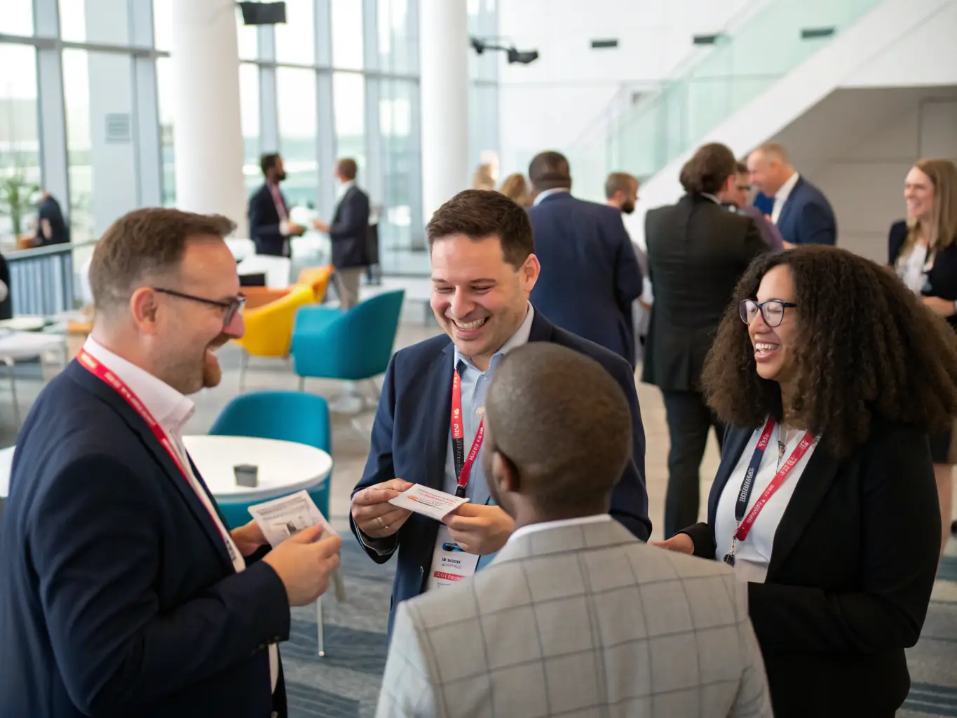 A photograph of attendees networking during a coffee break at a business conference, highlighting the importance of building professional relationships.