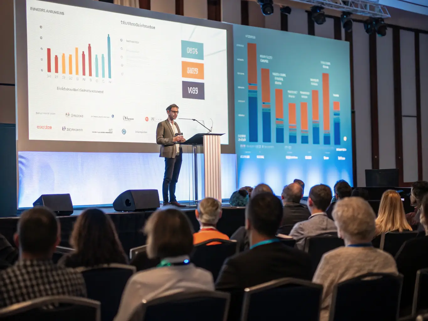 A speaker delivering a keynote presentation on the latest industry trends at a negotiationway.fun conference, with engaged attendees in the foreground.